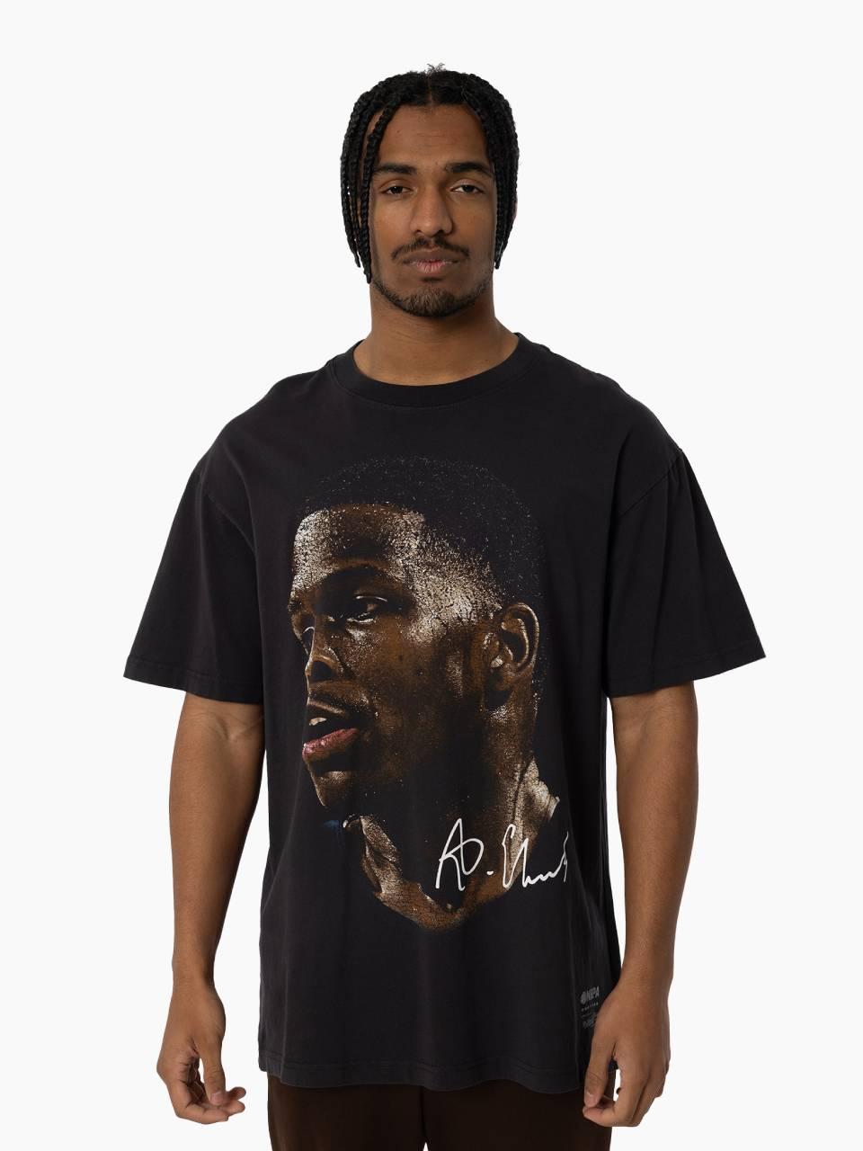 Anthony Edwards Big Head Tee in vintage black featuring oversized player portrait and signature on front.
