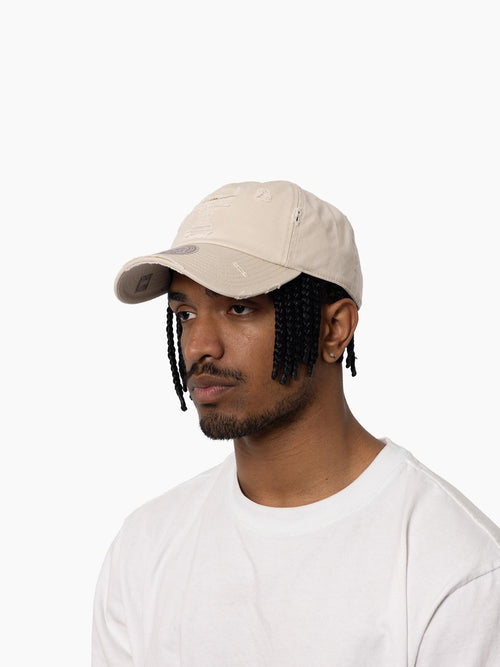 Chicago Bulls Distressed Tonal dad hat on model. 100% Washed cotton and distressed panelling.