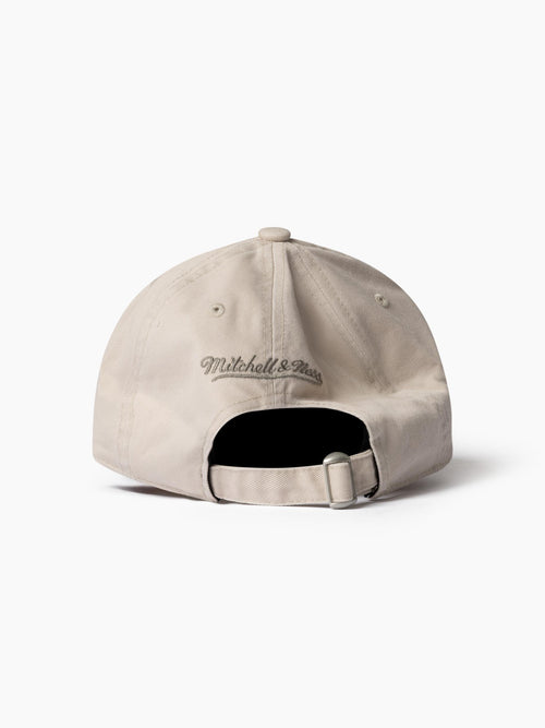 Back view of Chicago Bulls Tonal Distressed dad hat. 100% cotton with distressed panels, embroidered Mitchell & Ness logo and strapback closure.